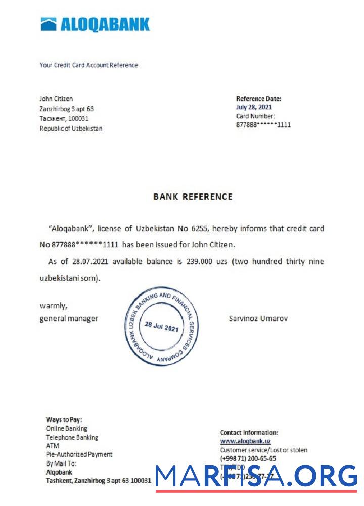 Printable Uzbekistan Aloqabank reference example